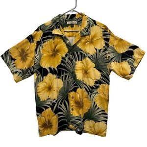 Tommy Bahama Mens Silk Camp Shirt Yellow Hibiscus Tropical Floral Print Large